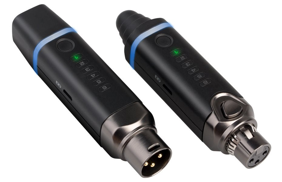 Two black NUX B-3 Wireless MIC System transmitters, both with metal XLR connectors and LED indicators, are side by side on a white background. Each has blue accent lines; one shows a ribbed grip and the other a smooth connector.