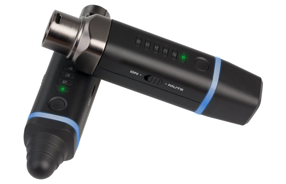 Two black NUX Nux B-3 Wireless MIC System USB rechargeable microphones with blue bands and LED indicators rest on a white background. The front mic’s ON and MUTE switches show green lights—versatile 2.4GHz wireless audio by NUX.