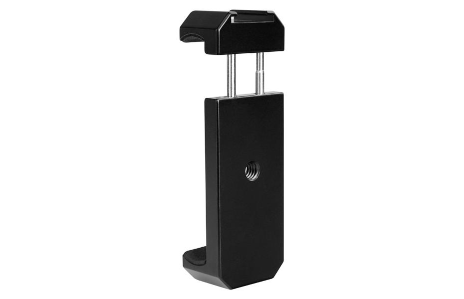 The NUX B-3 Wireless MIC System is a black metal smartphone tripod mount with a rectangular shape, adjustable clamp, and central screw hole—perfect for use with 2.4GHz wireless mics or other wireless microphone systems.