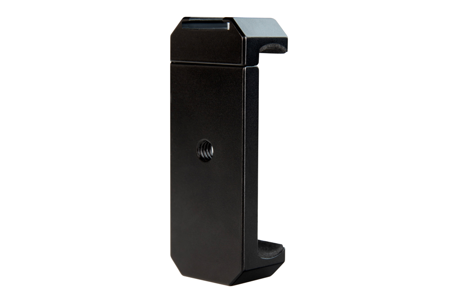 The NUX B-3 Wireless MIC System, a black metal smartphone holder with a central screw hole, is designed to pair seamlessly with USB rechargeable or 2.4GHz wireless microphones and is shown upright against a white background.