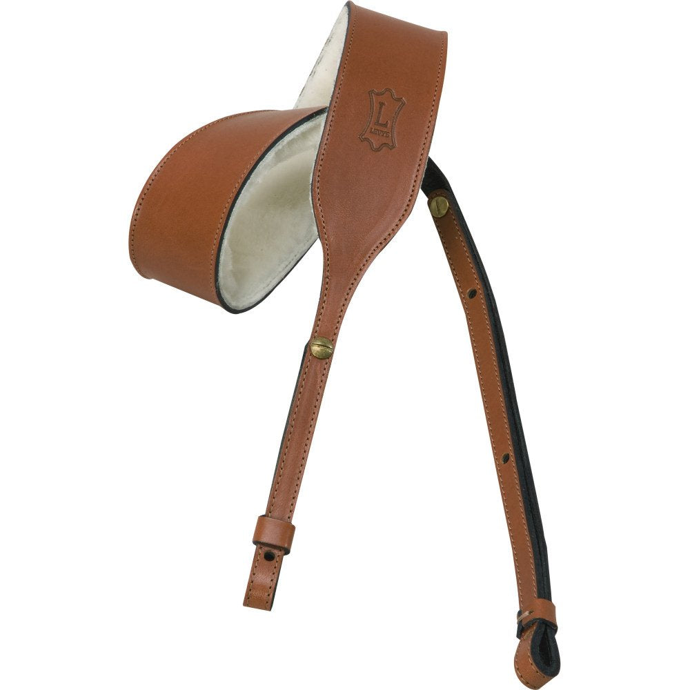 Levys PMB32-WAL Banjo Strap by Levys Leather features brown leather with white padding, sheepskin backing, an adjustable black strap, and an embossed logo on the leather surface.