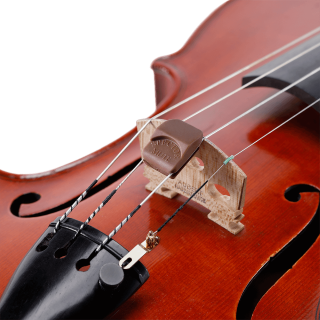 Close-up of a violin displaying its strings, bridge, and wooden body with a D'Addario Spector Cooper Mute for Violin/Fiddle fitted, set against a white background.