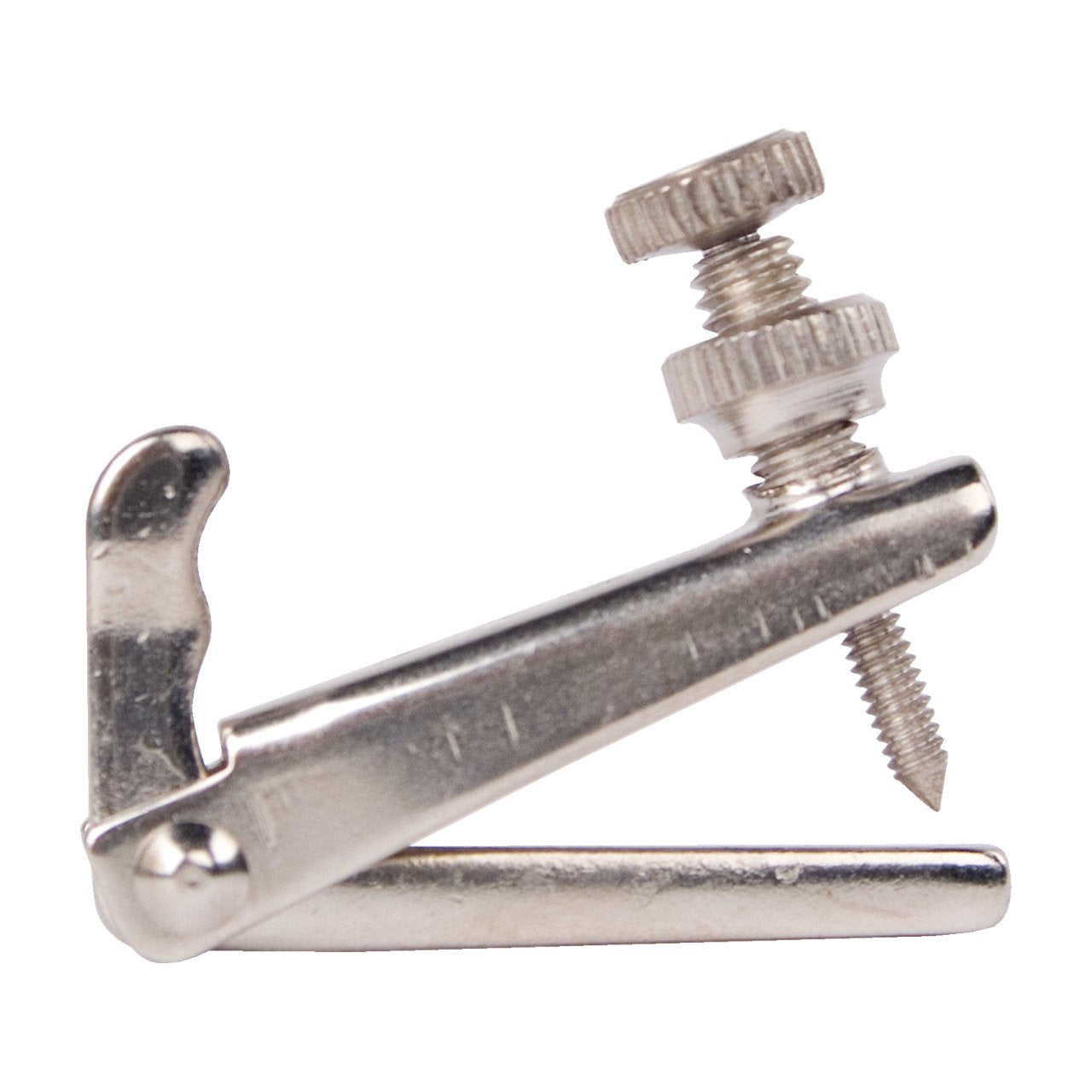 A close-up of the Palatino PV-020 Fine Tuner Violin 4/4 by Palatino, highlighting its clamping mechanism and adjusting screw—similar to a guitar capo’s function in securing strings.