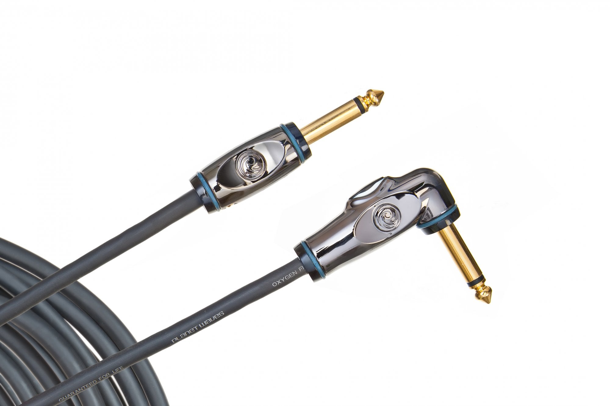 A DAddario Circuit Breaker Instrument Cable Right Angle 20 feet (PW-AGRA-20), featuring black cable with metallic blue-accented gold-plated 1/4 plugs—one straight, one right angle—is shown against a white background.