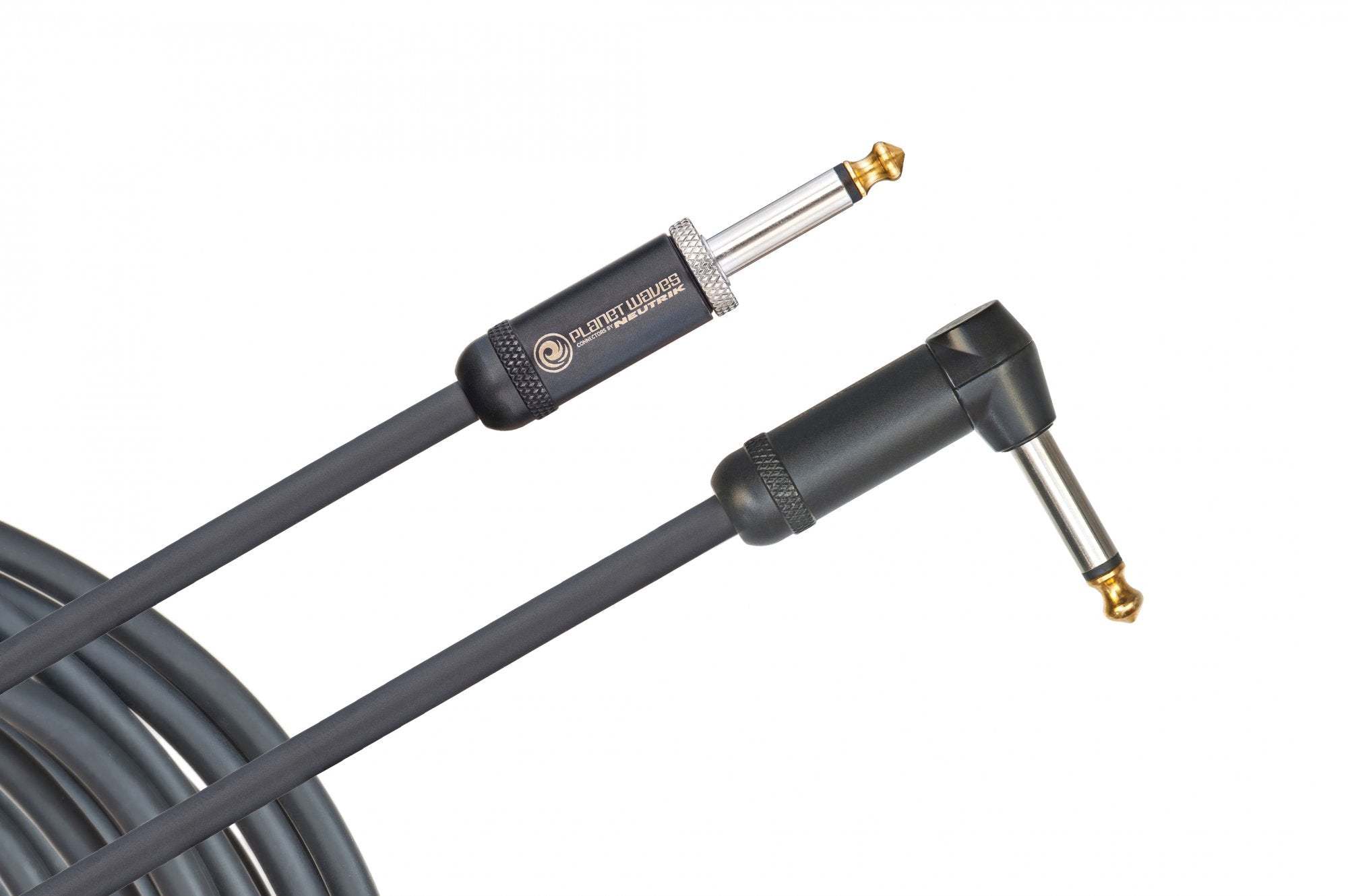 The DAddario American Stage Instrument Cable Right to Straight 15 ft (PW-AMSGRA-15) features optimized capacitance, a straight 1/4 plug and a right-angle Geo-Tip 1/4 plug with metal connectors and gold tips, shown on a white background.