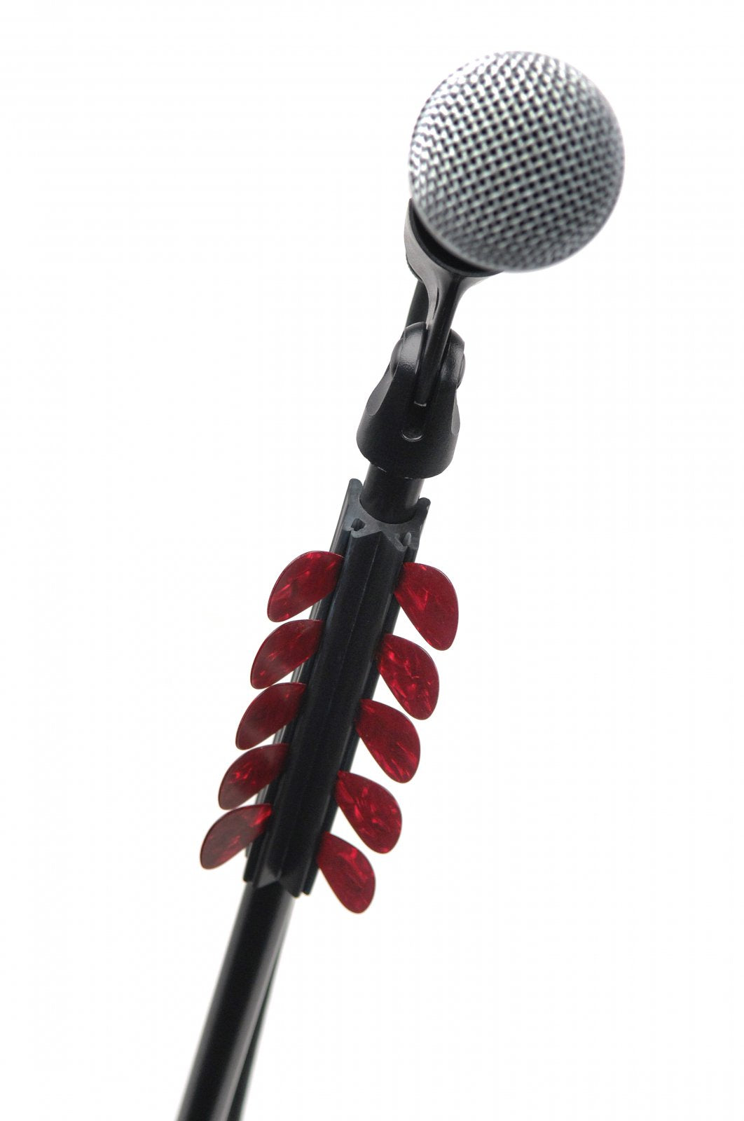 A D'Addario PW-MPH-01 Mic Stand Pick Holder is attached below the microphone, displaying several red picks. The microphone is on a stand and the background is white.