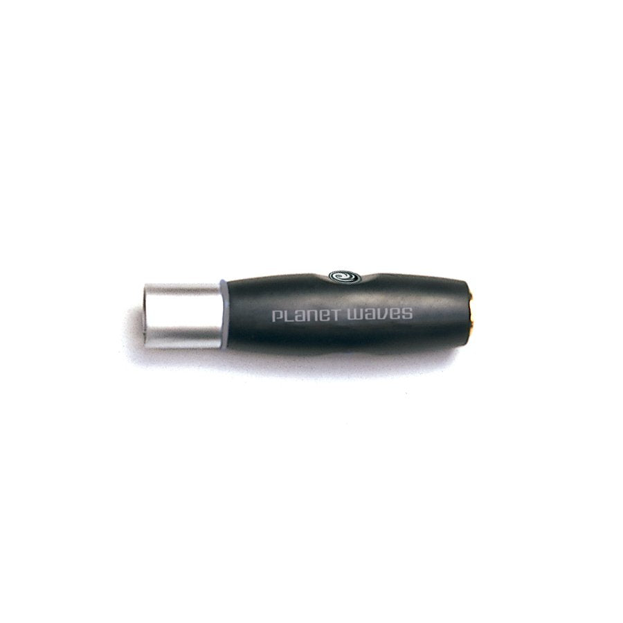 The DAddario XLR Male to 1/4 Inch Female Balanced Adapter PW-P047Z features a sleek black and silver compact cylindrical design, shown against a white background.