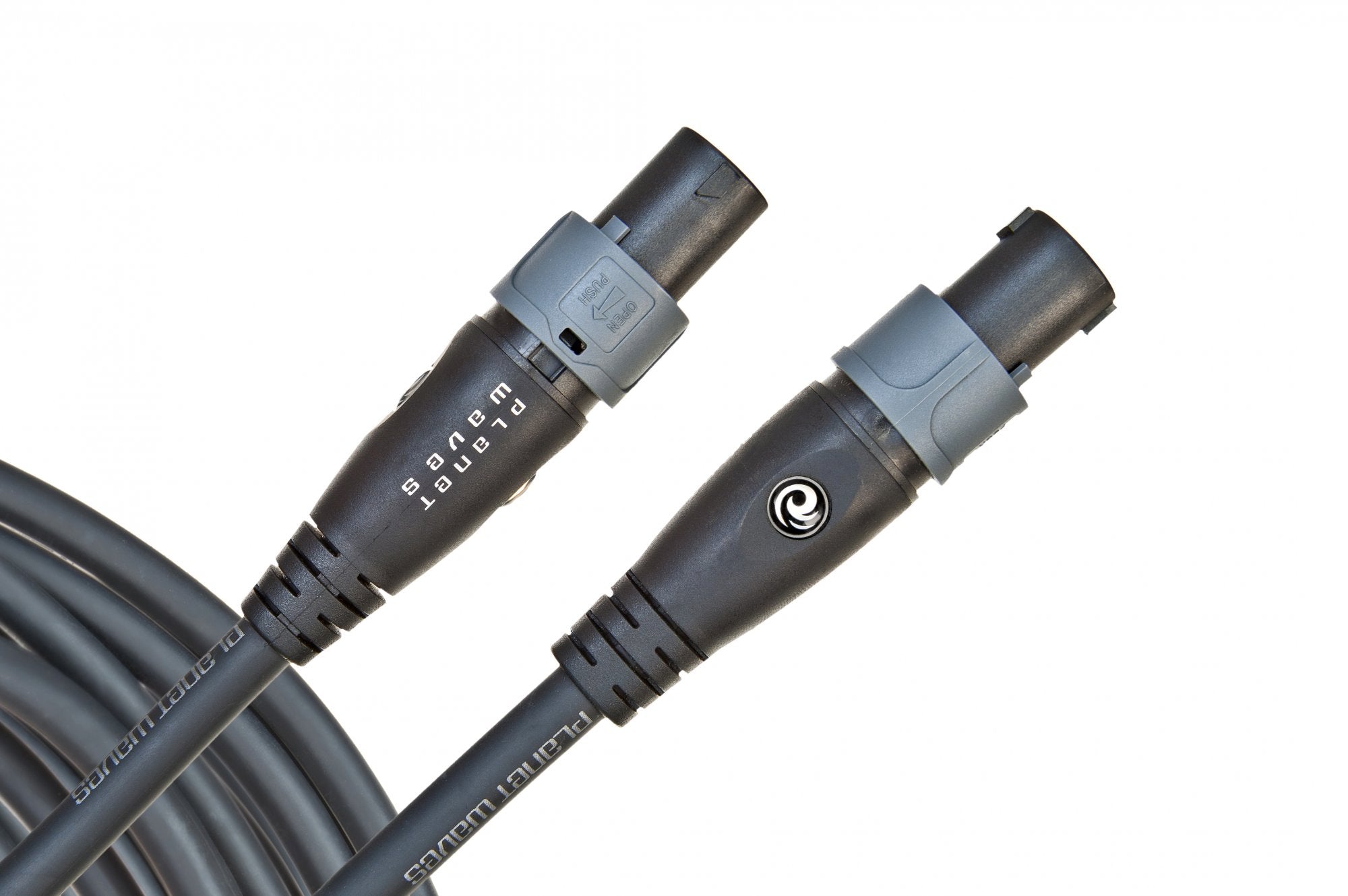 Two coiled D'Addario (NR) SpeakOn Speaker Cables, 25 feet each (PW-SO-25), with ridged grips and logos, are displayed on a white background—designed for excellent noise rejection.