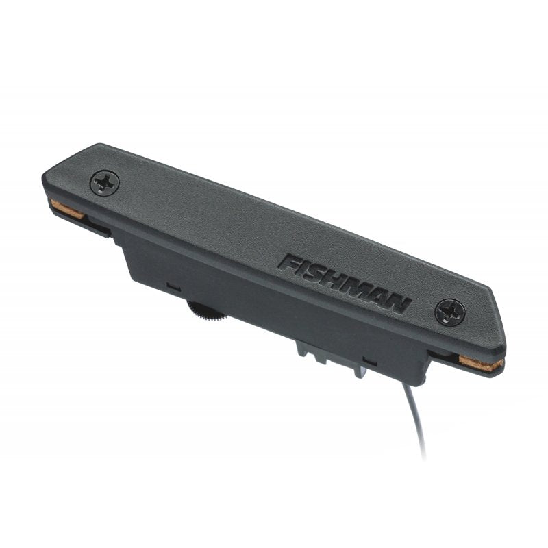 The Fishman RareEarth Humbucking Pickup (PRO-REP-102) is a black magnetic soundhole pickup with neodymium magnets, two mounting screws, a bottom cable, and the embossed Fishman logo for enhanced acoustic tone.