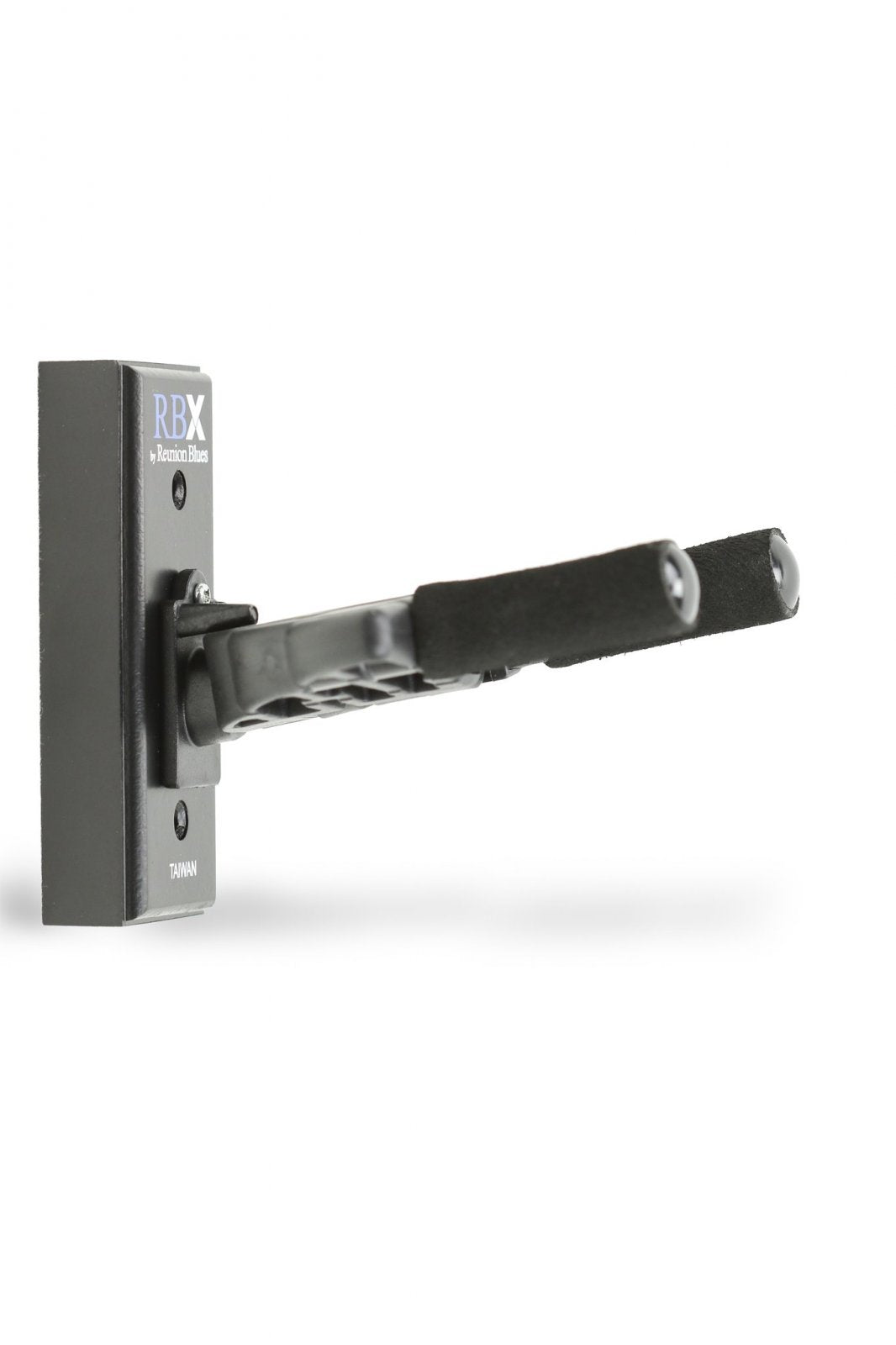 The Reunion Blues RBXS-WHBK Guitar Wall Hanger in black has two padded arms to securely hold your guitar’s neck and features a rectangular, wall-mounted base labeled RBX by Reunion Blues on a white background.