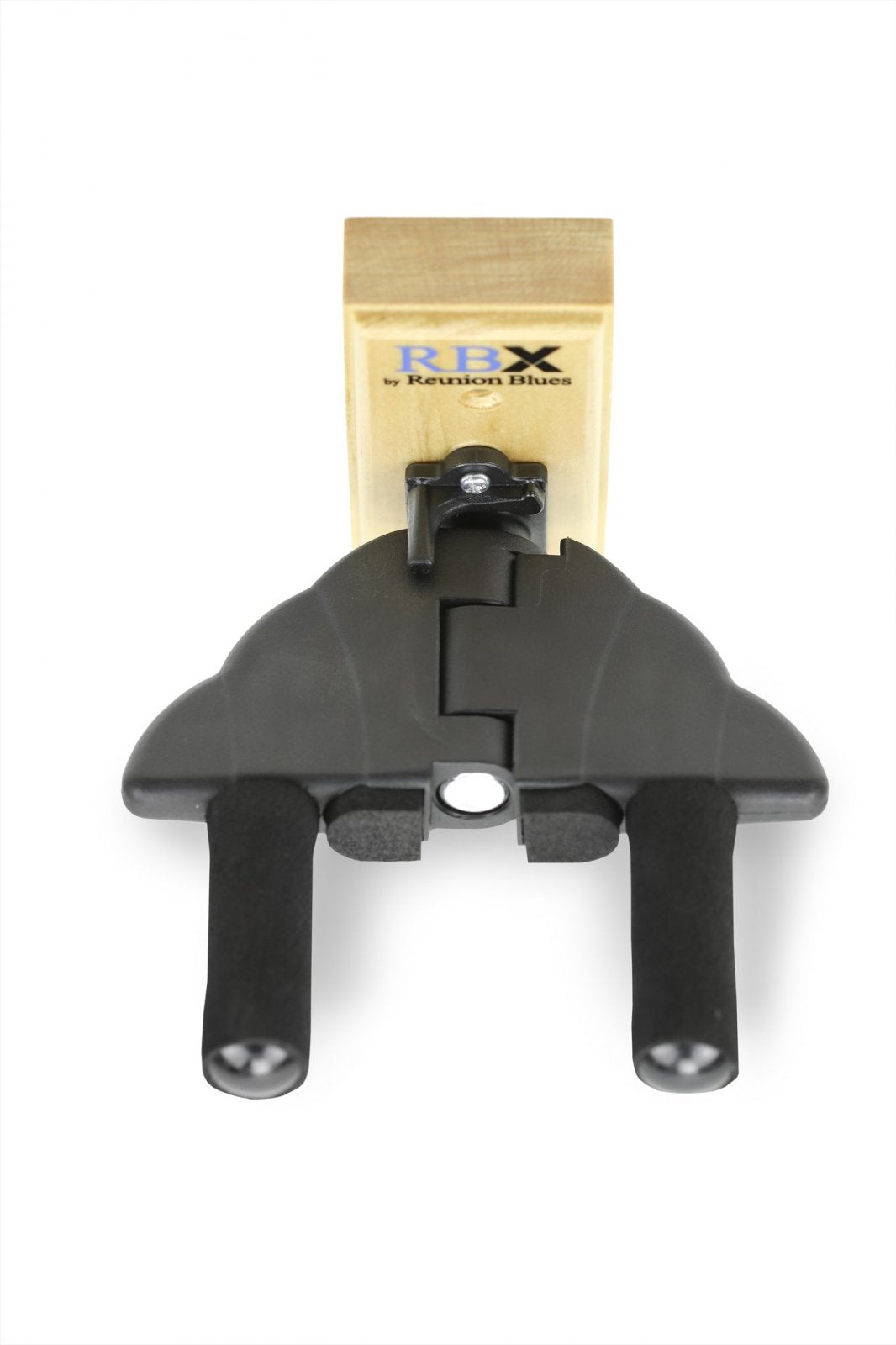 The Reunion Blues RBXS-WHNA Guitar Wall Hanger Natural features a padded auto-adjusting black hanger on a wood block labeled Reunion Blues, shown against a white background.