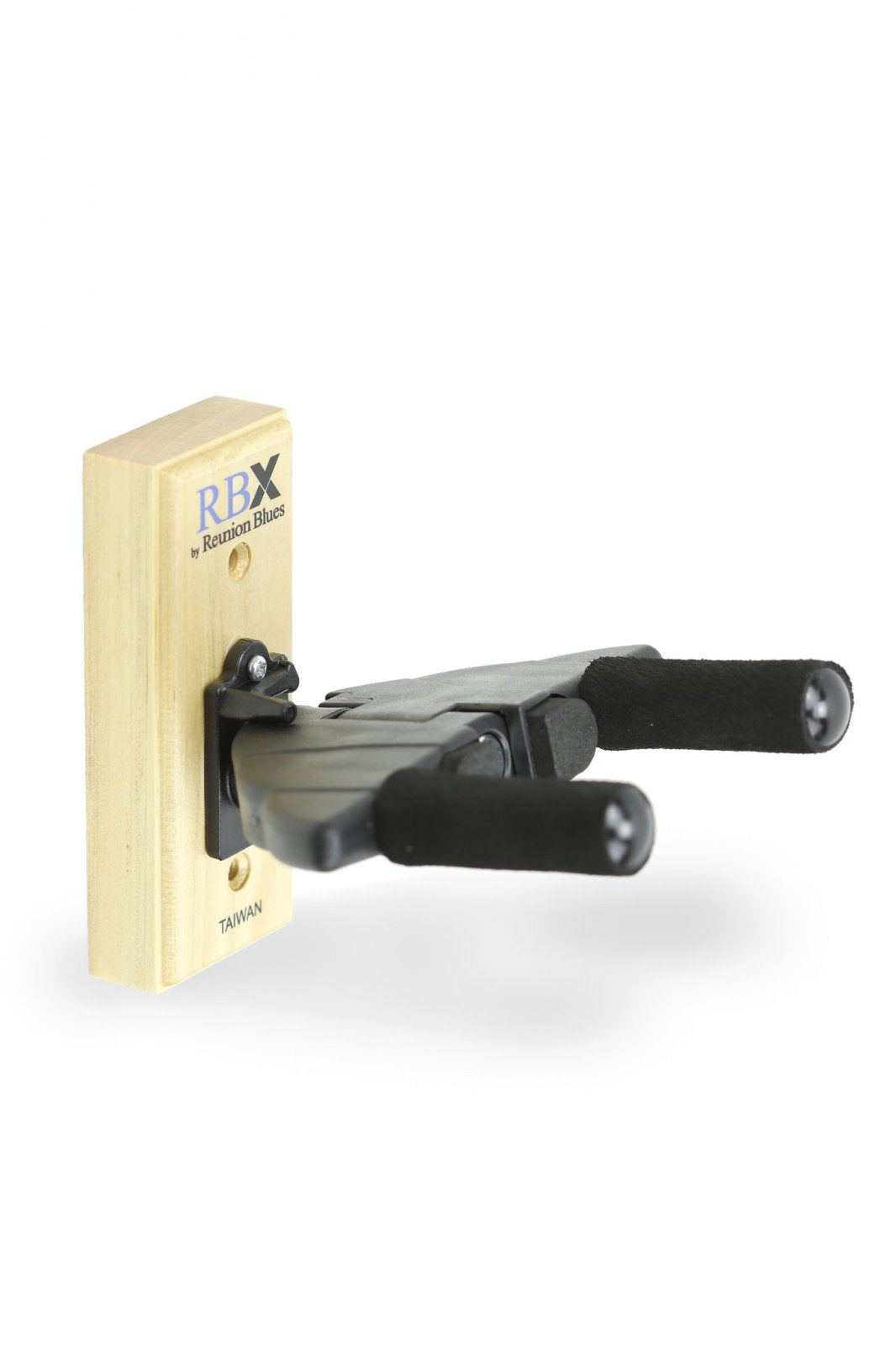 The Reunion Blues RBXS-WHNA Guitar Wall Hanger Natural features padded auto-adjusting arms, a self-locking yoke for secure protection, and a wooden base with the RBX logo in blue and gold.