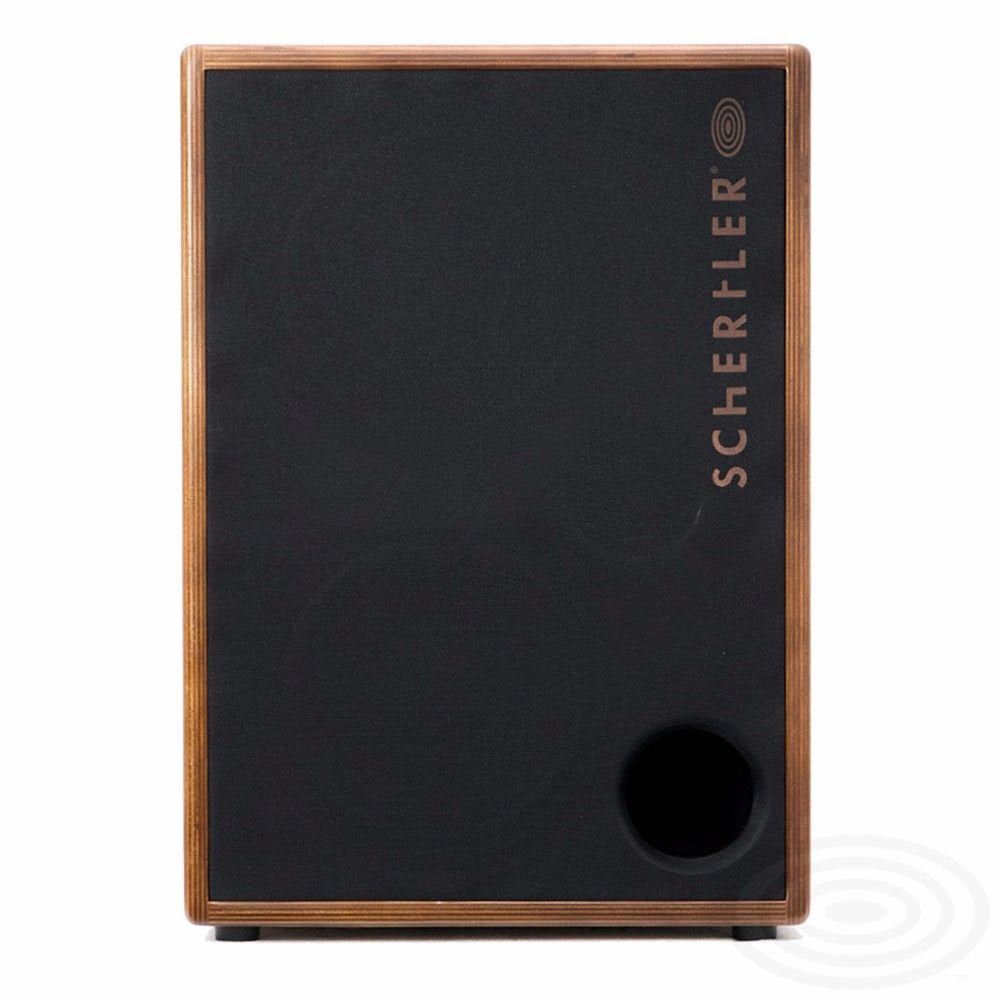 Front view of the (Floor Model) Schertler Amp ROY - Wood by AER The Acoustic People, featuring a black front panel, rounded edges, circular speaker port at bottom right, and vertically aligned Schertler logo on the right.