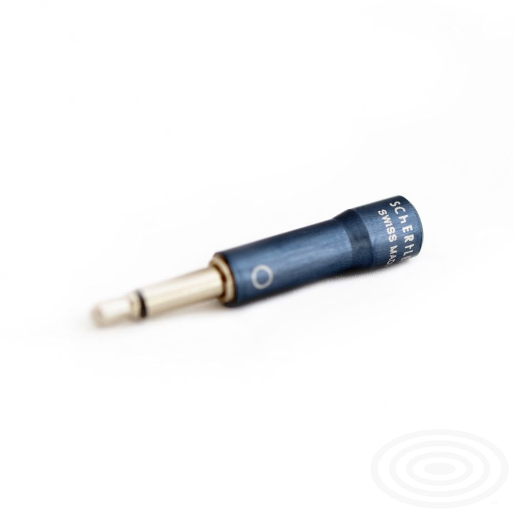 A single blue 1/4-inch audio jack adaptor with metal tip, branded Schertler, shown on a white surface—ideal for connecting devices like the Schertler S-MIC-M Acoustic Guitar Magnetico AG6 Pickup Condenser.
