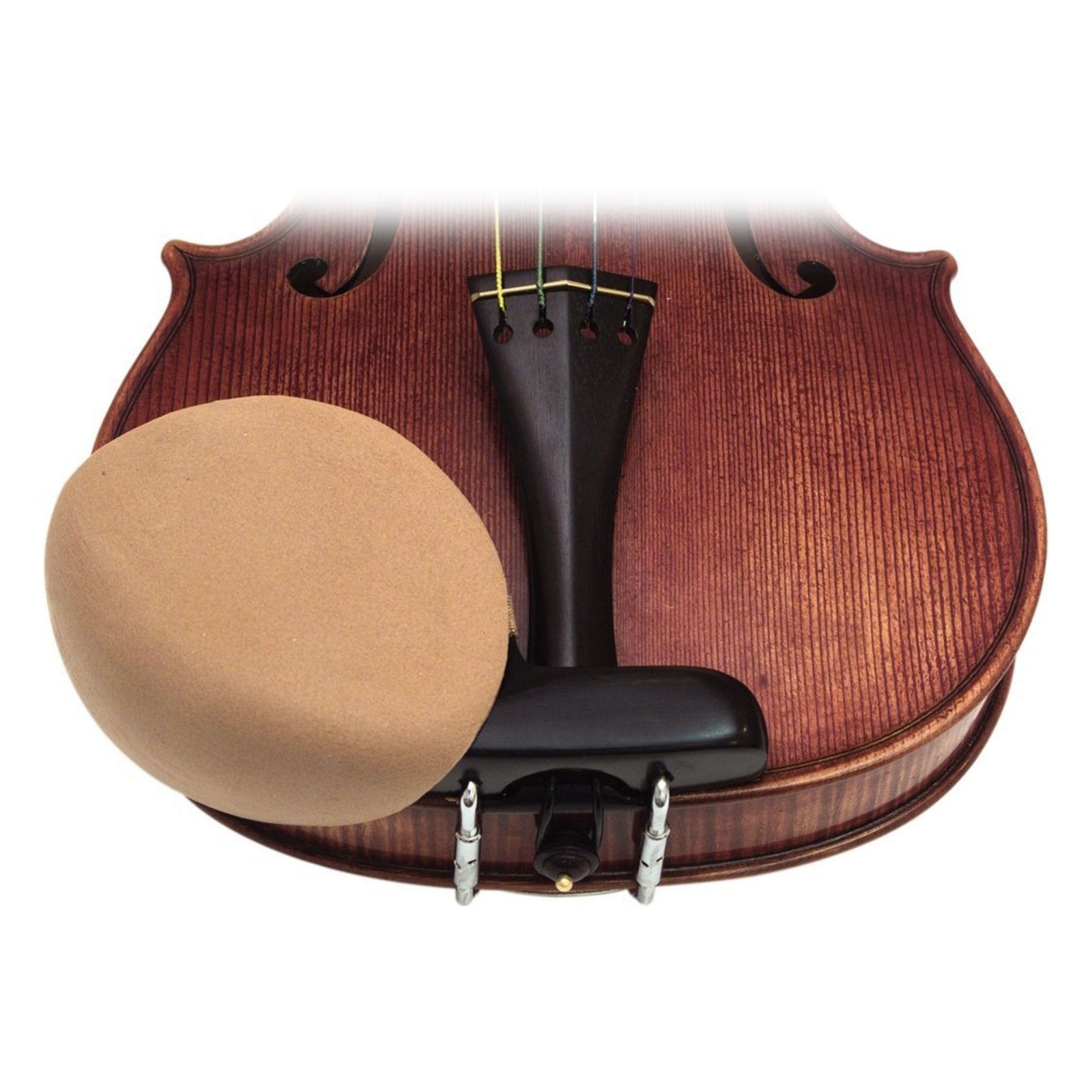 A close-up of a violin with a tan Sattler Strad Pad Original Elastic - Medium (AC837) attached to the chin rest, a comfort accessory for viola and violin players.