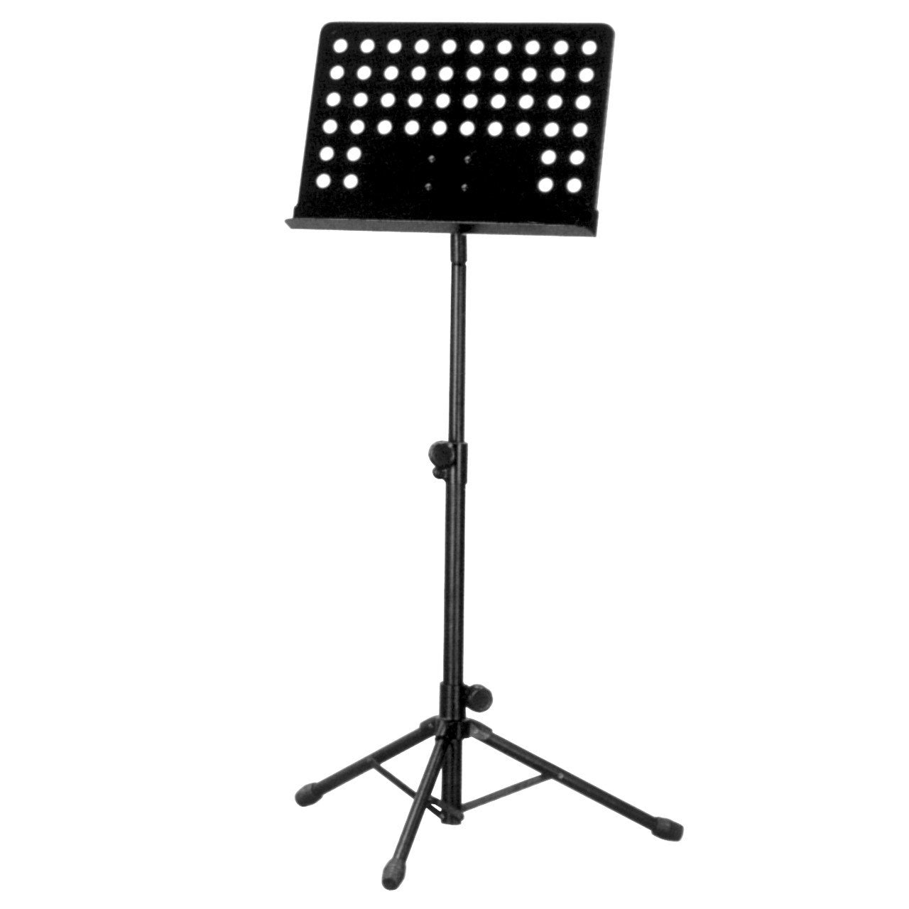 The Acoustic Shoppe’s TML SM-051 Delux Music Stand Punched Hole is shown in black with adjustable height and a tripod base, displayed against a white background.