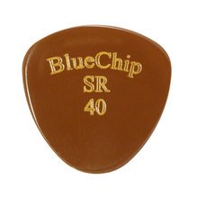 The BlueChip Picks (SR40) by BlueChip is a brown, precision-machined guitar pick with BlueChip SR 40 in yellow, ideal for boutique acoustic instruments. Available at the Acoustic Shoppe.