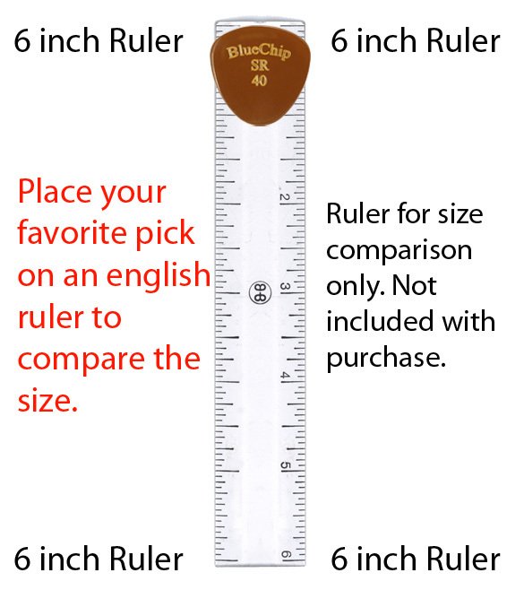 A BlueChip Picks (SR40) by BlueChip is shown near the top of a 6-inch brown ruler for size reference. Place your pick on an English ruler to compare; ruler not included with Acoustic Shoppe purchases.