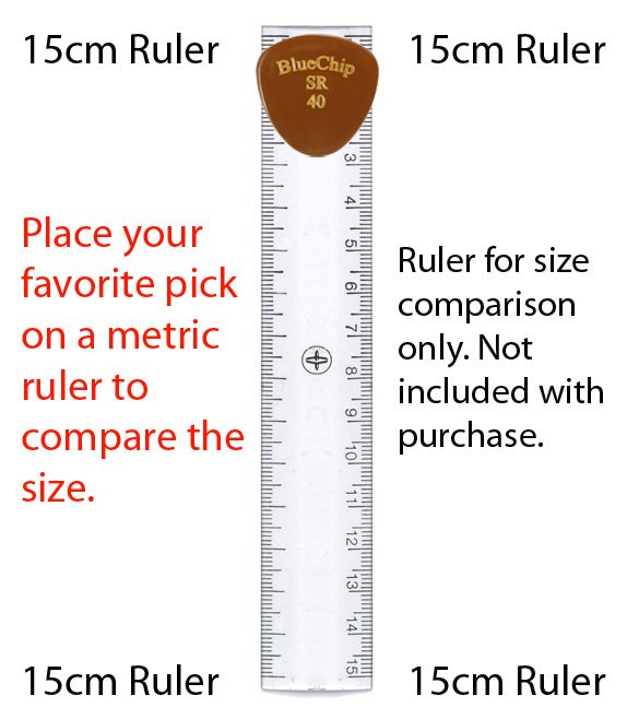 A BlueChip Picks (SR40) guitar pick by BlueChip is shown on a clear 15cm metric ruler for size reference, with 15cm Ruler labeled around the edges. Note: ruler not included when purchasing from Acoustic Shoppe.