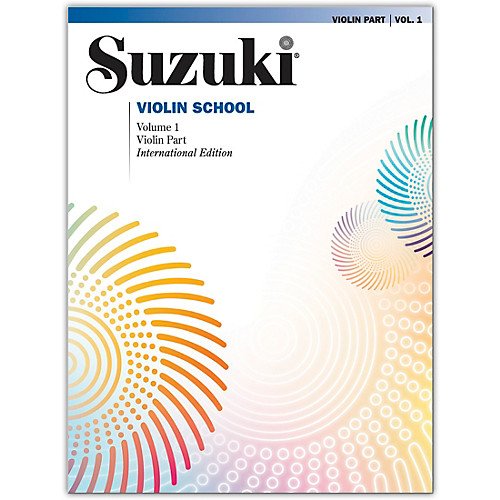 The cover of Suzuki Violin School Volume 1 by Alfred features colorful circular patterns on a white background, ideal for Suzuki Method violin lessons, with the Suzuki logo displayed at the top.