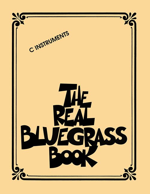 A tan Hal Leonard Corp. book cover with black corners features bold "The Real Bluegrass Book C Instruments (HL00310910)" text. Bluegrass sheet music for C instruments is included, with "C Instruments" diagonally in the top left corner.