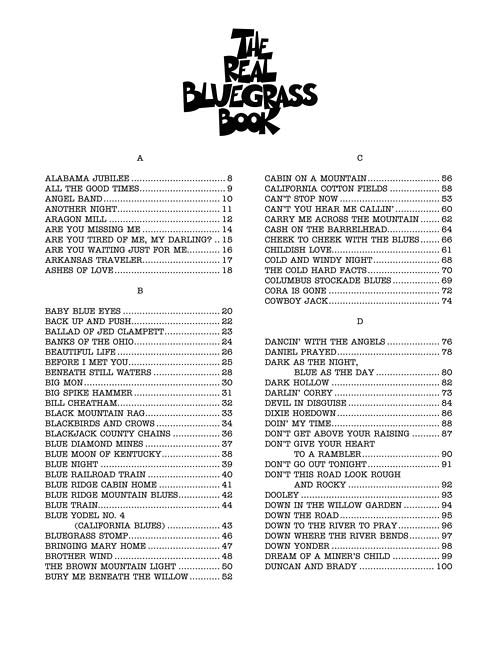 An index page from The Real Bluegrass Book C Instruments (Hal Leonard Corp., HL00310910), listing bluegrass sheet music titles from A to D with page numbers. The book’s title appears in bold at the top center.