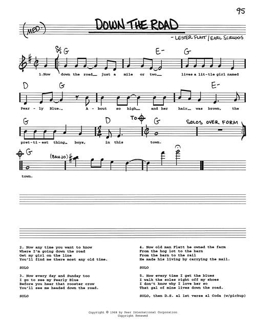 Sheet music for “Down the Road” from The Real Bluegrass Book C Instruments (HL00310910) by Hal Leonard Corp., featuring bluegrass notation, lyrics, and chords for guitar, banjo, and C instruments with handwritten elements and tempo marking.