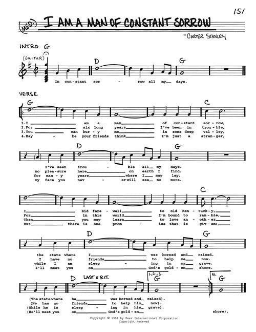 The Real Bluegrass Book C Instruments (HL00310910) by Hal Leonard Corp. features melody, guitar chords, and lyrics in G for I Am a Man of Constant Sorrow—ideal sheet music for bluegrass players or those playing C instruments.