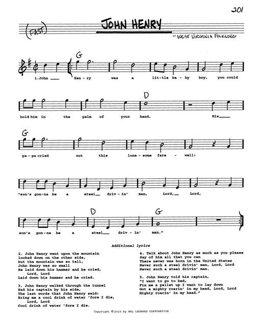 Sheet music for “John Henry” with melody, lyrics, and guitar chords, as published in Hal Leonard Corp.'s The Real Bluegrass Book C Instruments (HL00310910). Features musical notation, verses, copyright notice, and handwritten text at the top.