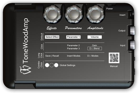 Top view of the HONZ Technologies ToneWoodAmp Solo Left Handed shows three control knobs, labeled buttons for acoustic guitar effects, parameters, amplitude, inputs, outputs, and a "Manual" QR code in the lower right.