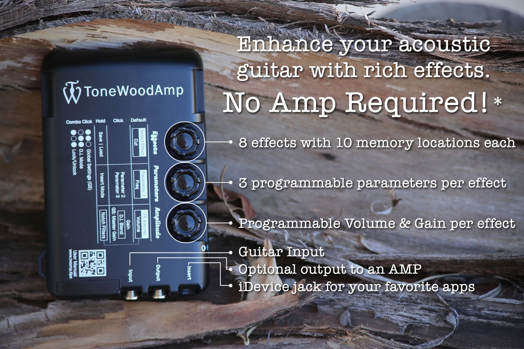 A HONZ Technologies ToneWood Amp Solo sits on a rustic wood surface. Enhance your acoustic guitar with rich effects—no amp needed! Enjoy effects, programmability, adjustable gain, and versatile input options.