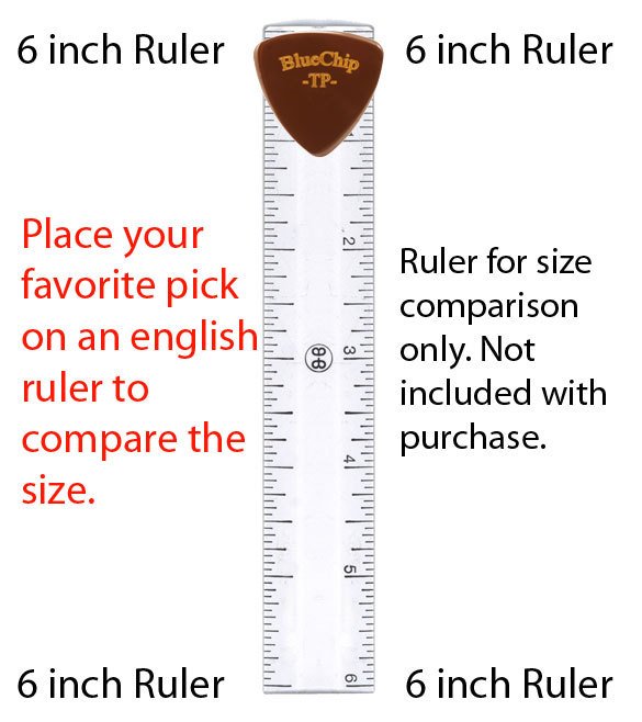 A BlueChip Picks (TP50) triangular pick by BlueChip sits atop a clear 6-inch inch-marked ruler for size reference; text notes to compare pick size and that the ruler isn’t included. Great choice for acoustic music lovers.