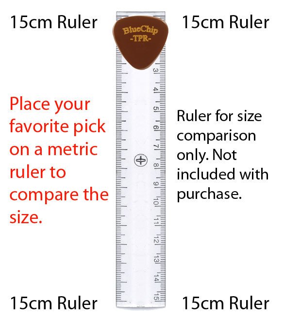 A BlueChip Picks (TPR45) guitar pick by BlueChip is shown at the top of a clear 15cm metric ruler for size comparison. The text notes that the ruler is for reference only and not included with purchase.