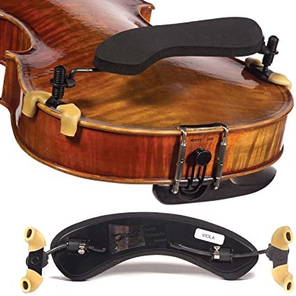 A close-up of a viola with the Wolf Forte Secondo Viola Shoulder Rest (All sizes) by Wolf attached, plus an image highlighting its curved design, metal fittings, and VIOLA-labeled rubber feet.