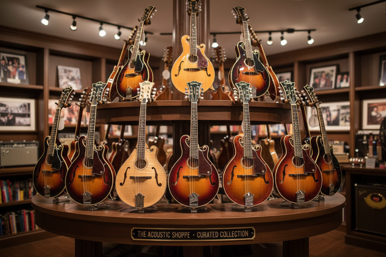 A display of sunburst and natural finish mandolins is arranged in a circle on a wooden stand in a well-lit music shop, surrounded by framed photos and books on shelves.