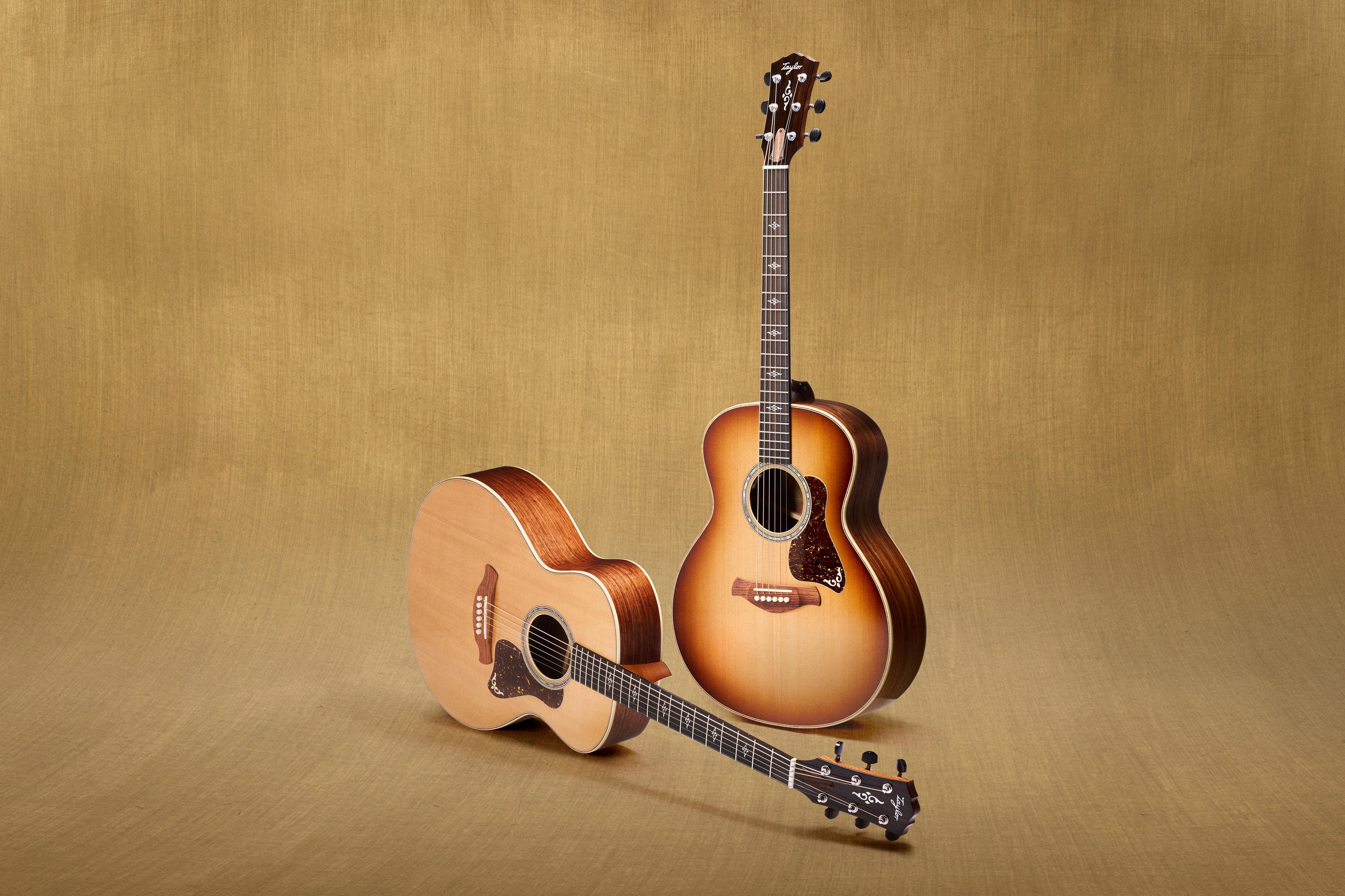 Taylor Gold Label acoustic guitars on a gold backdrop