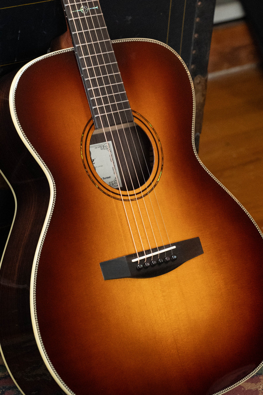 Sunset sunburst acoustic guitar with Sitka spruce top and rosewood sides, ornate rosette and black bridge. - Alvarez Laureate Series LF70e Herringbone Sitka/Rosewood Sunset OM Guitar w/LR Baggs Hifi Pickup #2884 - Default Title