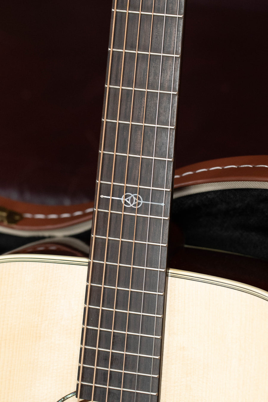 Close-up of dreadnought guitar neck and fretboard with decorative inlay and dark wood finish. - Alvarez Yairi Honduran Series DYM60HD Adirondack/Vintage Honduran Mahogany Dreadnought Acoustic Guitar #7150 - Default Title
