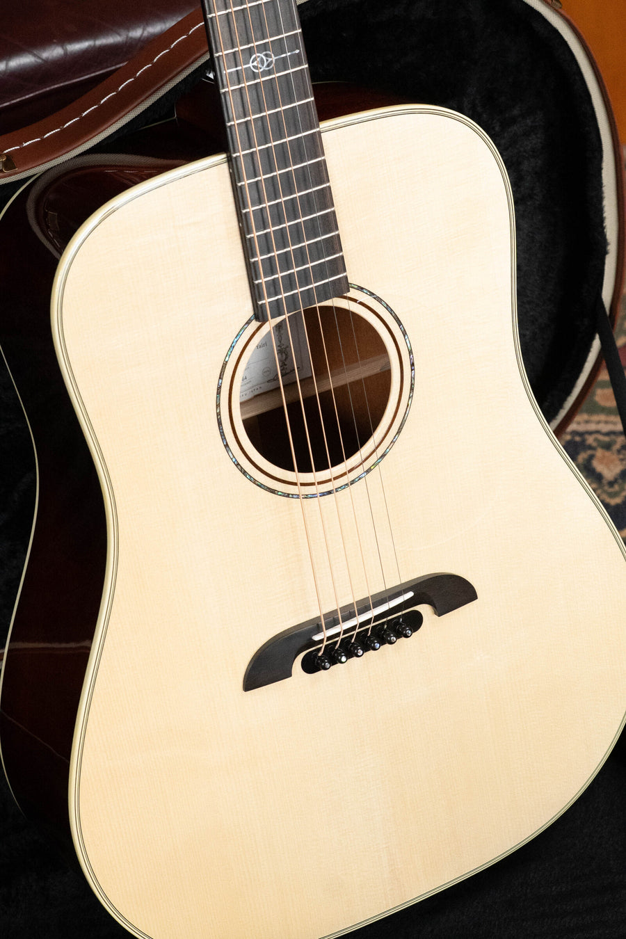 Natural finish Adirondack top Alvarez Yairi Honduran mahogany dreadnought guitar with black bridge and rosette detailing. - Alvarez Yairi Honduran Series DYM60HD Adirondack/Vintage Honduran Mahogany Dreadnought Acoustic Guitar #7164 - Default Title