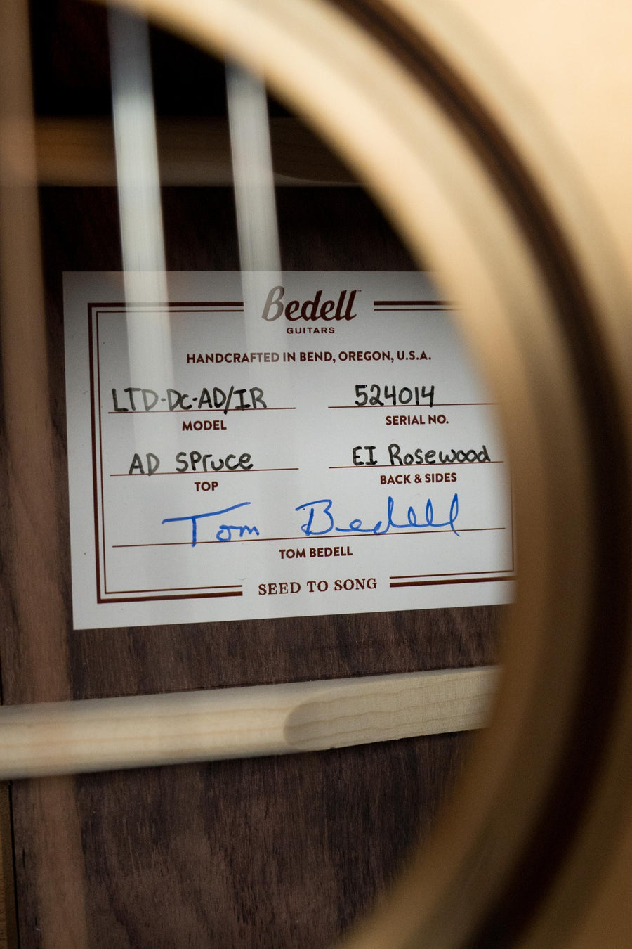 Label inside guitar with handwritten details of Bedell Limited Edition dreadnought, Adirondack spruce top, figured Indian. - Bedell Limited Edition Adirondack/Figured Indian Rosewood Dreadnought Cutaway Acoustic Guitar #4014 - Default Title