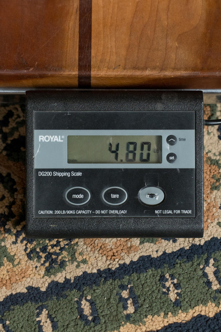 Digital scale showing weight 4.80 pounds on carpet beneath wood surface. - Bedell Limited Edition Adirondack/Figured Indian Rosewood Dreadnought Cutaway Acoustic Guitar #4014 - Default Title