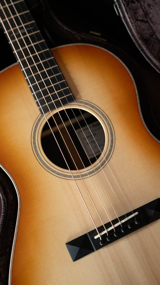 Tea-burst parlor acoustic guitar with rosewood fretboard and black bridge in a case. - Bedell Special Edition Adirondack/Rosewood 14 Fret Tea-Burst Parlor Acoustic Guitar w/Wide Nut #4018 - Default Title
