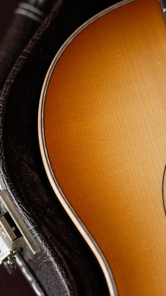 Tea-burst parlor acoustic guitar with rosewood body and 14 frets inside a dark plush-lined guitar case. - Bedell Special Edition Adirondack/Rosewood 14 Fret Tea-Burst Parlor Acoustic Guitar w/Wide Nut #4018 - Default Title