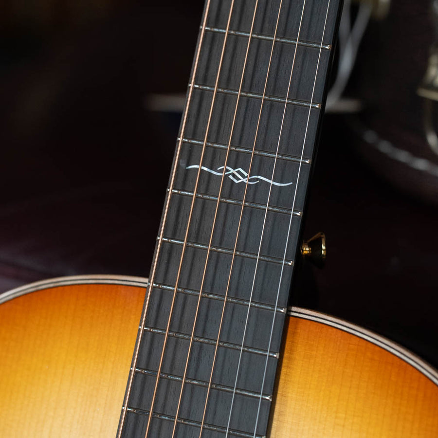 Close-up of acoustic guitar neck with dark wood fretboard and white inlay on a tea-burst parlor body. - Bedell Special Edition Adirondack/Rosewood 14 Fret Tea-Burst Parlor Acoustic Guitar w/Wide Nut #4018 - Default Title