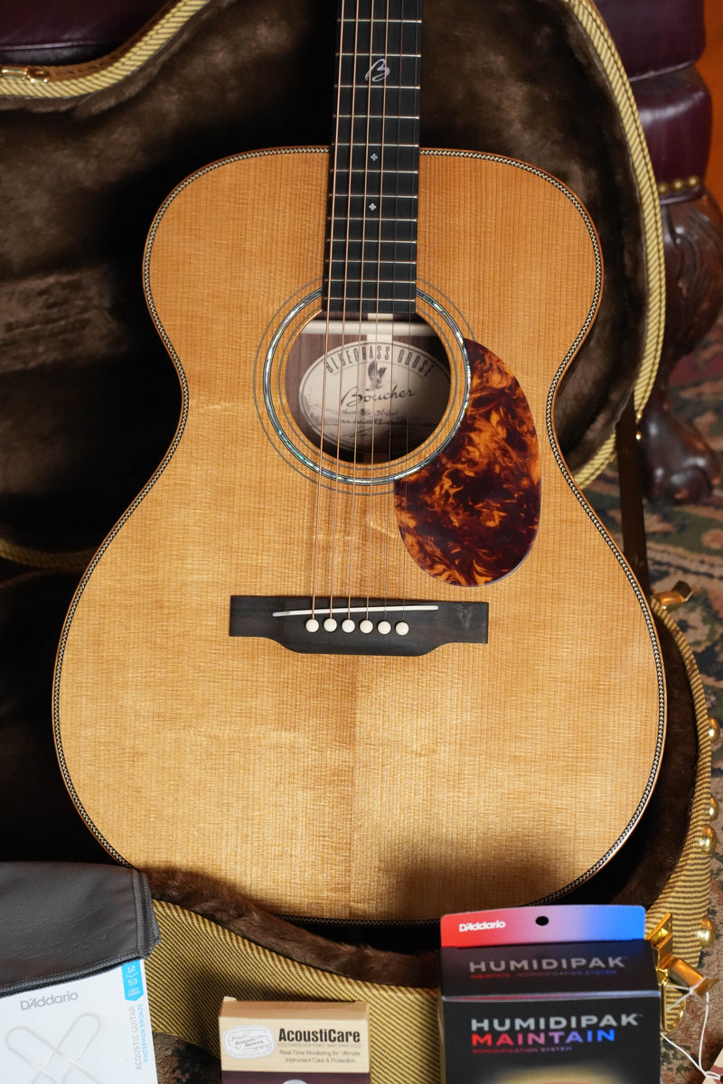 Boucher BG-51-GM Bluegrass Goose Gold and Masterworks Package OM Hybrid, front view, natural wood grain finish.