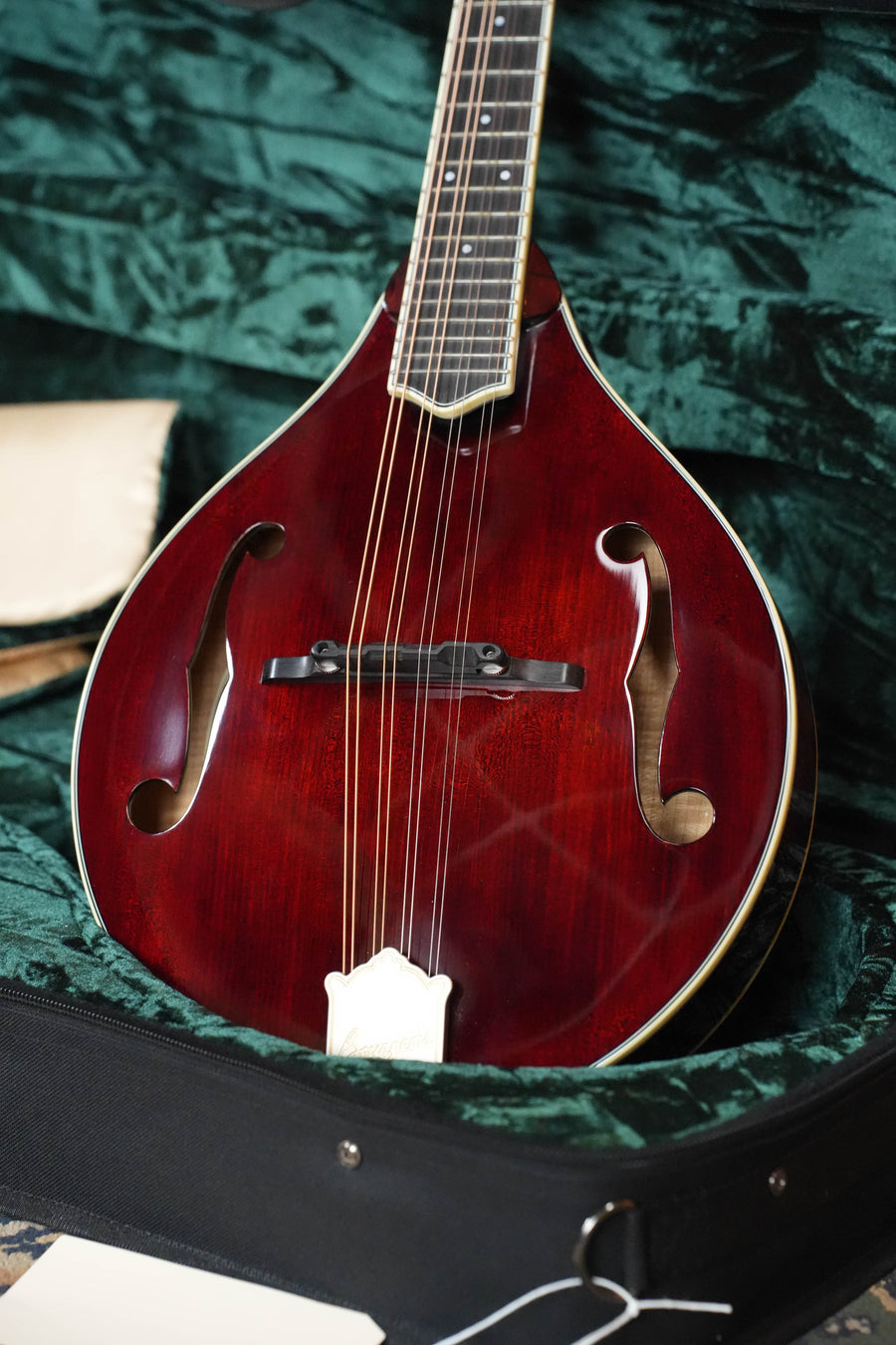 A close-up of the Bourgeois TAS Exclusive M5-A-CR Aged-Tone Adirondack/Maple Cordovan Red A-Style Mandolin #2119, featuring f-holes and silver strings, resting in a green velvet-lined black case.