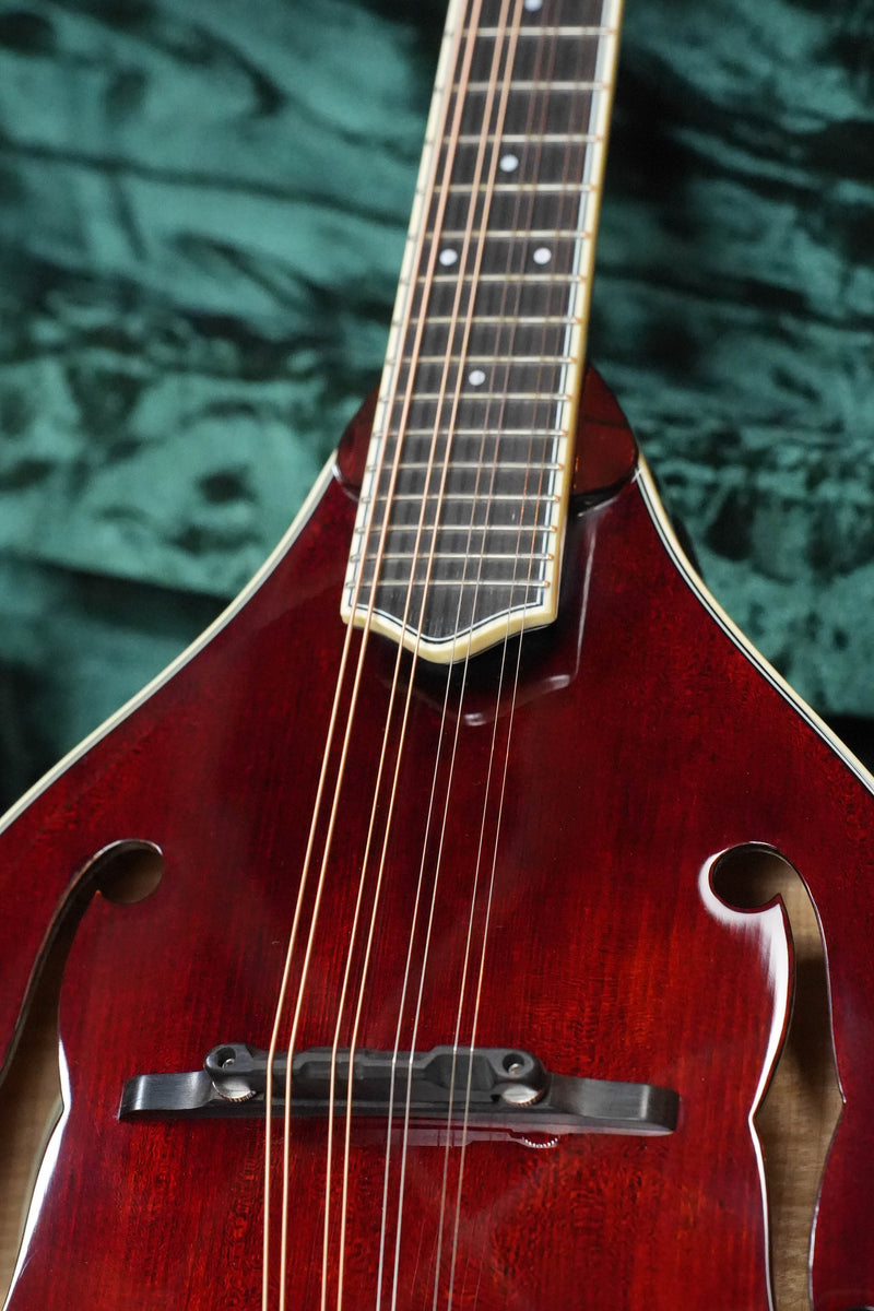 Close-up of a Bourgeois TAS Exclusive M5-A-CR Aged-Tone Adirondack/Maple Cordovan Red A-Style Mandolin #2119, featuring its strings, bridge, and neck against a dark green textured background—a premium professional model.