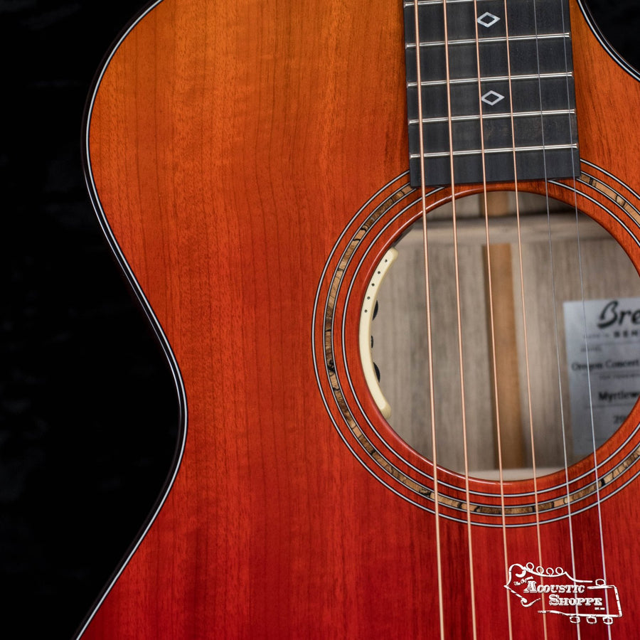 Close-up of a Breedlove Limited Oregon Series All Myrtlewood Thinline Hot Rod Concert CE Guitar with LR Baggs Pickup, featuring its sunburst finish, strings, sound hole, fretboard, label, and Acoustic Shoppe logo.