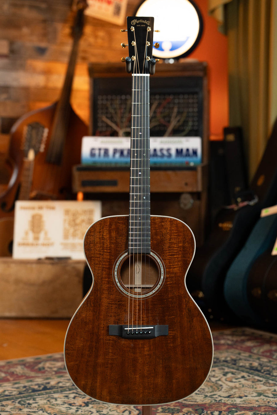 Flamed mahogany acoustic guitar with 14th fret neck, dark wood bridge, and glossy finish. - Martin Custom Shop OOO-17 Style All Flamed Mahogany 14th Fret Acoustic Guitar #6198 - Default Title