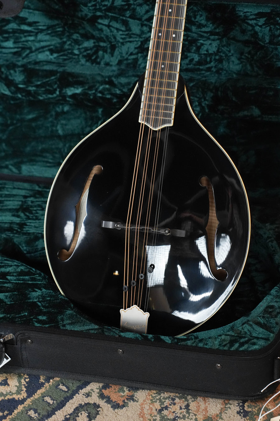 A Bourgeois *Dread-Not Certified* M5-O-BT Black Octave Mandolin (#2108) with gold trim and f-holes lies in a green velvet-lined case on a patterned carpet.